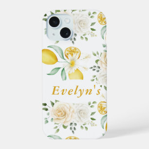 Coque iPhone 15 citrons Eucalyptus Roses Blush Nom personnalisé