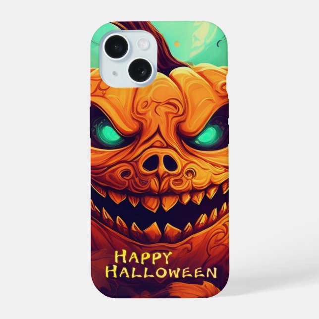 Coque iPhone 15 Citrouille avec visage effrayant parmi des bougies (Verso)