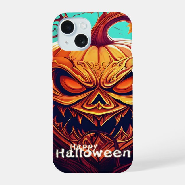 Coque iPhone 15 Citrouille orange effrayante avec visage, Hallowee (Verso)