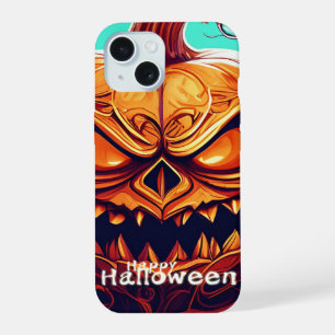 Coque iPhone 15 Citrouille orange effrayante avec visage, Hallowee