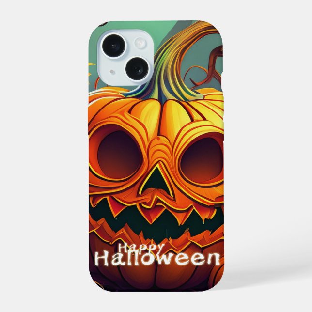 Coque iPhone 15 Citrouille orange effrayante avec visage, Hallowee (Verso)