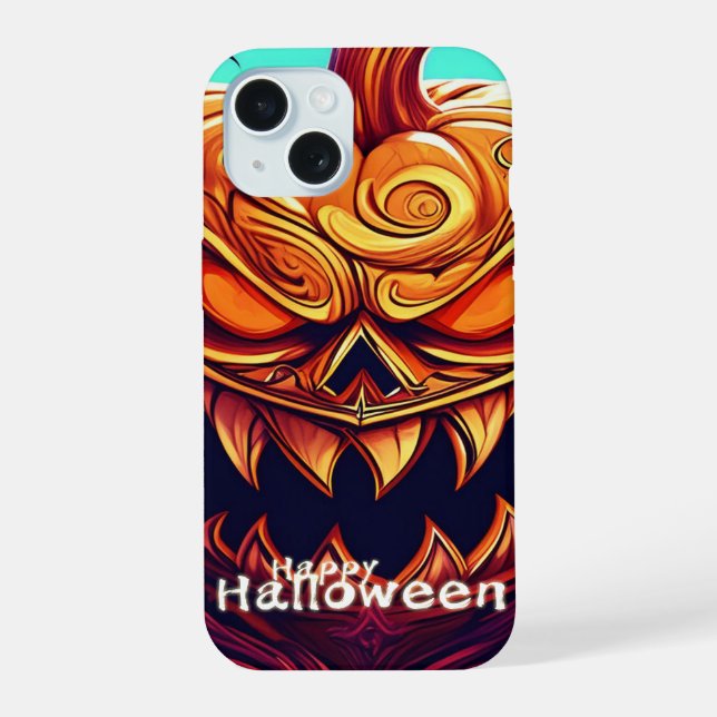 Coque iPhone 15 Citrouille orange effrayante avec visage, Hallowee (Verso)