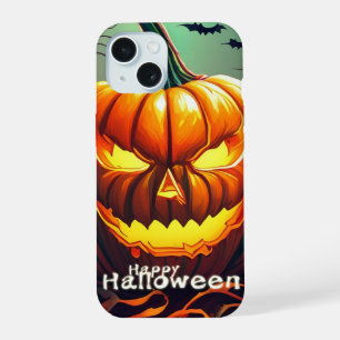 Coque iPhone 15 Citrouille orange effrayante avec visage, Hallowee