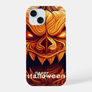 Coque iPhone 15 Citrouille orange effrayante avec visage, Hallowee