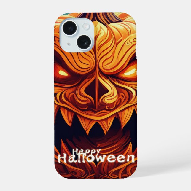Coque iPhone 15 Citrouille orange effrayante avec visage, Hallowee (Verso)