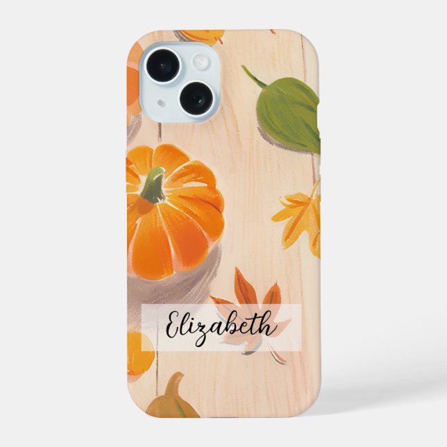 Coque iPhone 15 Citrouille tiré à la main et feuilles d'automne Mo (Verso)