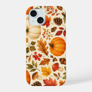 Coque iPhone 15 Citrouilles aquarelles d'automne, feuilles d'autom