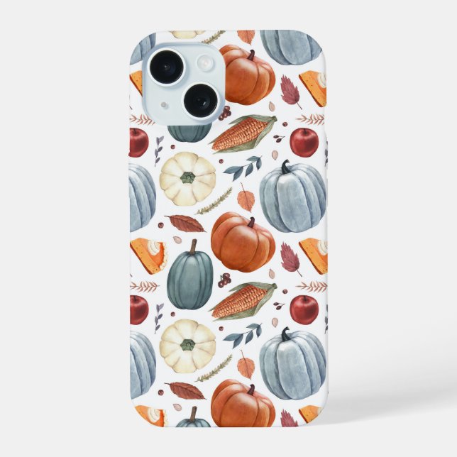 Coque iPhone 15 Citrouilles d'automne et feuilles d'automne Motif (Verso)