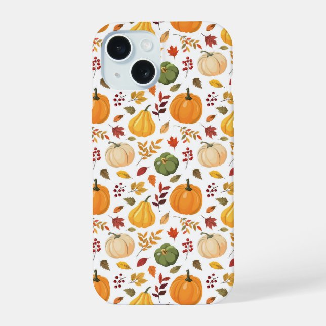 Coque iPhone 15 Citrouilles de récolte et Motif de feuilles d'auto (Verso)