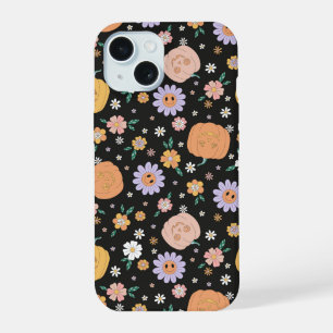 Coque iPhone 15 Citrouilles et fleurs de Halloween rétro