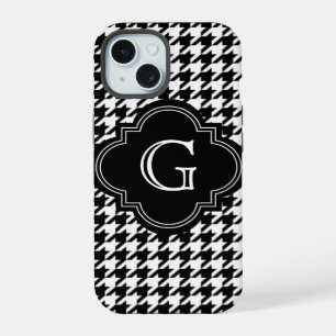 Coque iPhone 15 Classique Houndstooth Noir Blanc Avec Monogramme