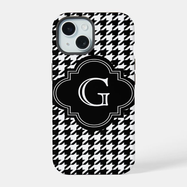 Coque iPhone 15 Classique Houndstooth Noir Blanc Avec Monogramme (Verso)