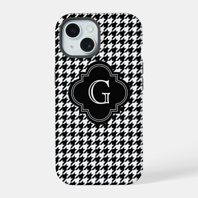 Coque iPhone 15 Classique Houndstooth Noir et Blanc avec Monogramm (Verso)