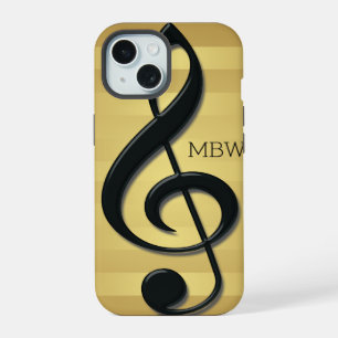 Coque iPhone 15 Clé en argent noir monogramme sur bandes d'or