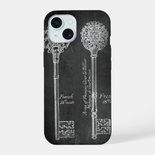 Coque iPhone 15 clés vintage chic scripts paris tableau noir