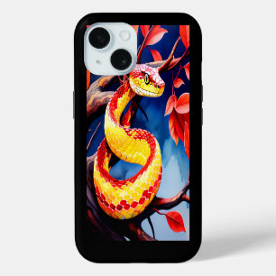 Coque iPhone 15 Cobra avec des écailles rouge et jaune vibrantes d