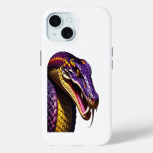 Coque iPhone 15 Cobra serpent avec des écailles violettes et jaune