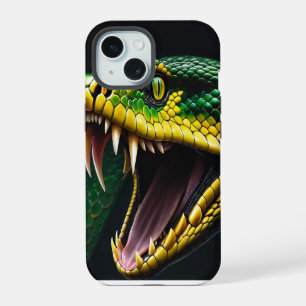 Coque iPhone 15 Cobra serpent avec écailles vertes et jaunes vibra