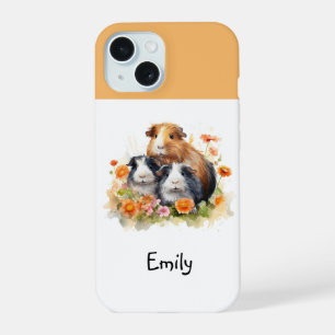 Coque iPhone 15 Cochons d'Inde Fleurs Mignons Fantaisistes Personn