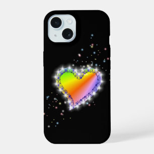 Coque iPhone 15 Cœur arc-en-ciel avec étoiles sur fond noir