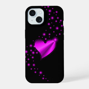 Coque iPhone 15 Cœur arc-en-ciel avec étoiles sur fond noir