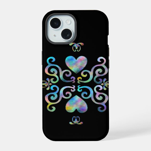 Coque iPhone 15 Cœur Arc-en-ciel et Lys (Verso)