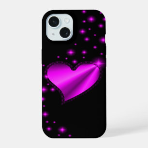 Coque iPhone 15 Cœur arc-en-ciel rose avec des étoiles sur fond no