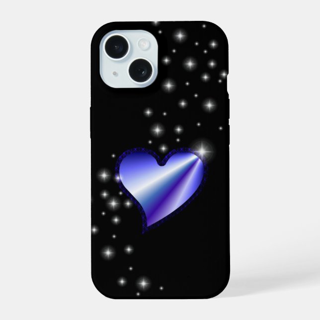 Coque iPhone 15 Coeur arc-en-ciel violet avec étoiles sur noir (Verso)