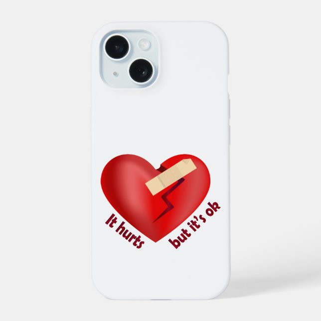 Coque iPhone 15 Coeur brisé guéri avec patch et citation de vie (Verso)
