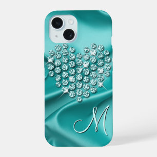 Coque iPhone 15 Cœur d'art en faux diamants avec motif de vagues e