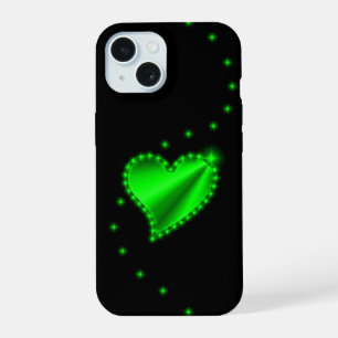 Coque iPhone 15 Cœur de l'arc-en-ciel vert avec des étoiles sur fo