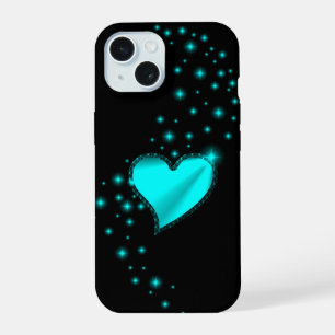Coque iPhone 15 Cœur de l'arc-en-ciel vert avec des étoiles sur fo