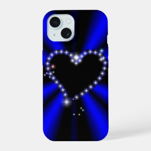 Coque iPhone 15 Cœur noir avec des étoiles sur arc-en-ciel bleu