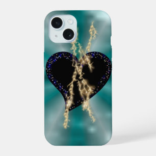 Coque iPhone 15 Cœur noir avec Flasch et étoiles sur arc-en-ciel