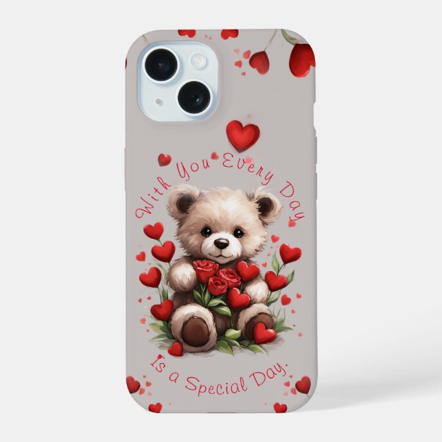 Coque iPhone 15 Cœurs de nounours mignons Roses rouges Saint-Valen (Verso)