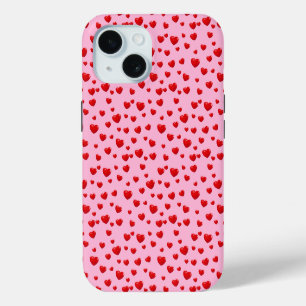 Coque iPhone 15 Coeurs rouges éparpillés sur rose