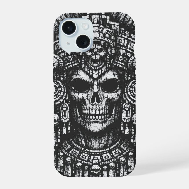 Coque iPhone 15 Coiffe de crâne aztèque par BurnsInHell (Verso)