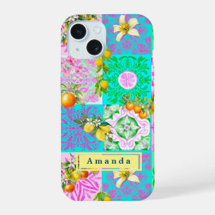 Coque iPhone 15 Collage de carreaux floraux de citrus siciliens ro