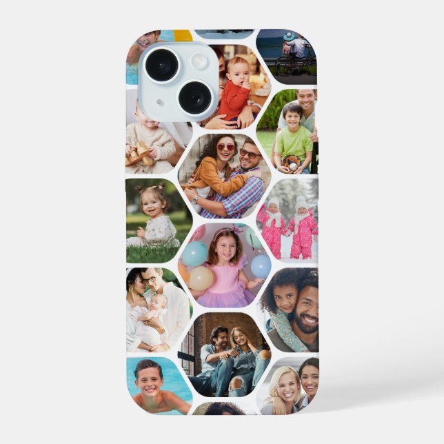 Coque iPhone 15 Collage de photos multiples simple motif hexagonal (Verso)