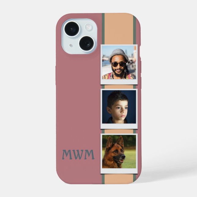 Coque iPhone 15 Collage photo monogramme rose (Verso)