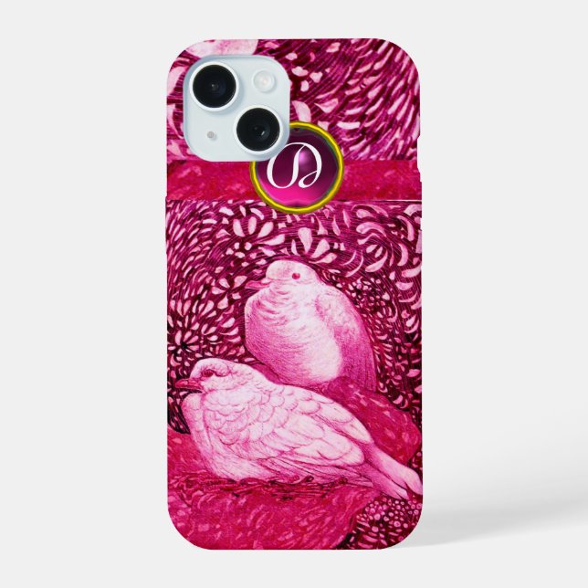 COQUE iPhone 15 COLOMBES BLANCHES DANS MONOGRAMME FUCHSIA ROSE (Verso)