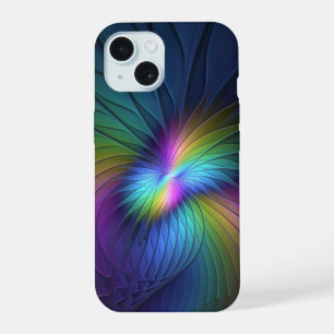 Coque iPhone 15 Coloré avec de l'art abstrait fractal moderne bleu