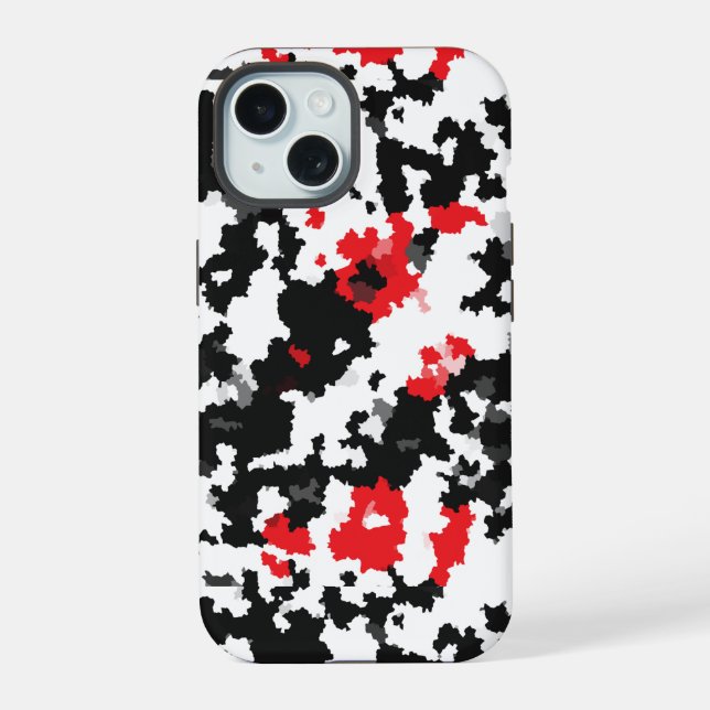 Coque iPhone 15 Conception abstraite irrégulière rouge noir blanc (Verso)