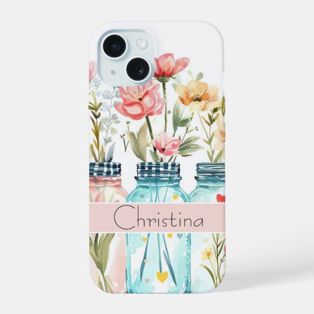 Coque iPhone 15 Conception de fleurs printanières avec nom (Verso)