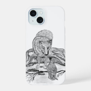 Coque iPhone 15 Conception de loup et de corbeau noir et blanc