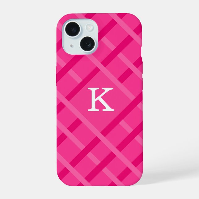 Coque iPhone 15 Conception de motif à rayures roses avec initiale  (Verso)
