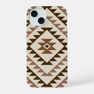 Coque iPhone 15 Conception de motif diamant aztèque Brun+Crème