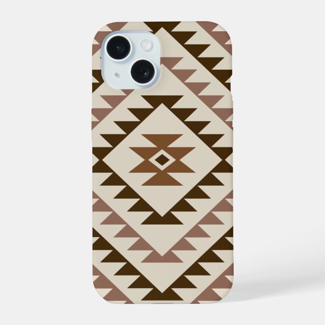 Coque iPhone 15 Conception de motif diamant aztèque Brun+Crème (Verso)