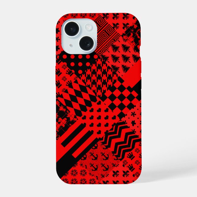 Coque iPhone 15 Conception de patchwork de motifs mixtes rouge et  (Verso)