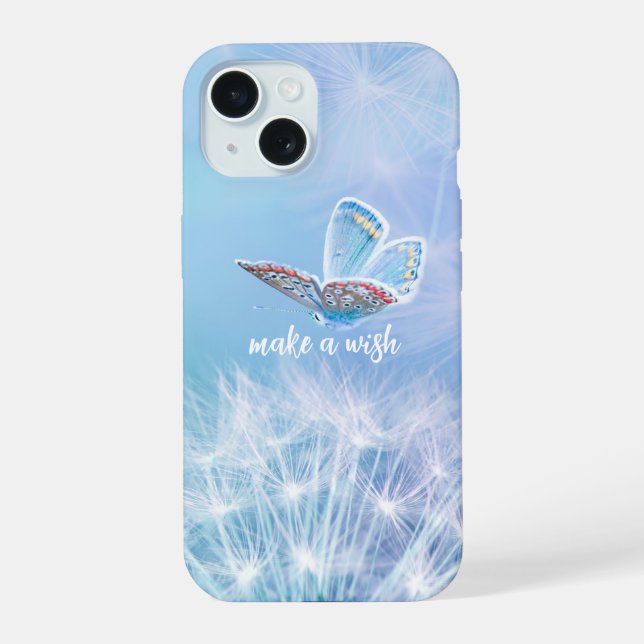 Coque iPhone 15 Conception de vœu Pissenlit et Papillon (Verso)